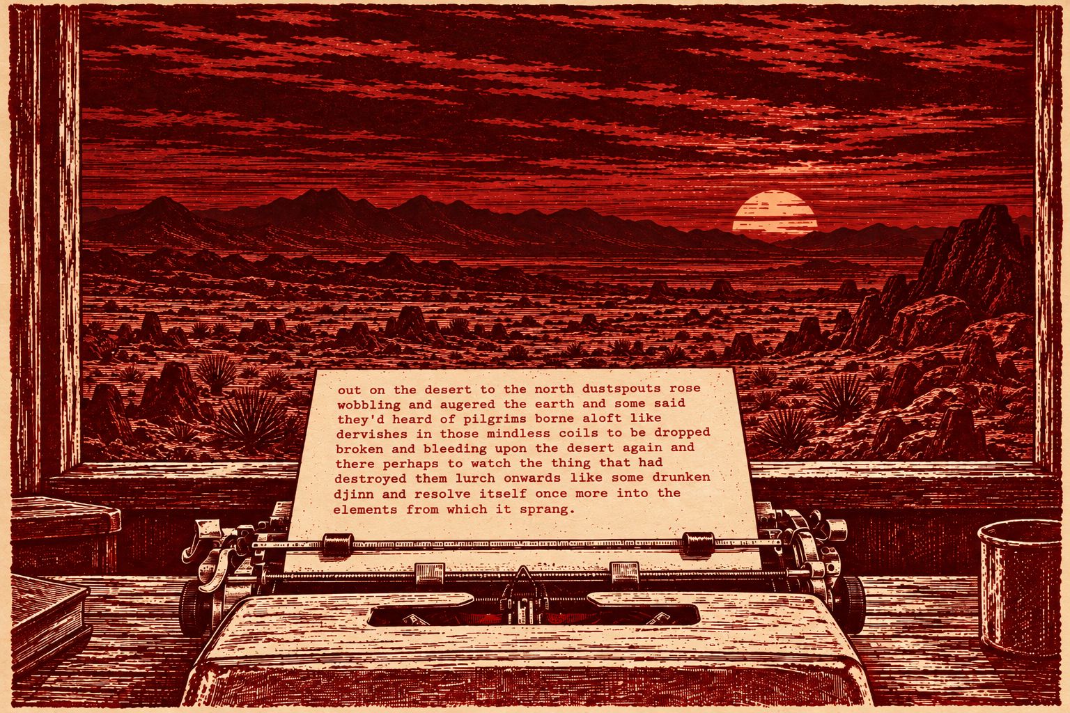 Engraving-style illustration in red and cream: a typewriter on a wooden desk before a window overlooking a desert at sunset, a typed page of prose in the carriage