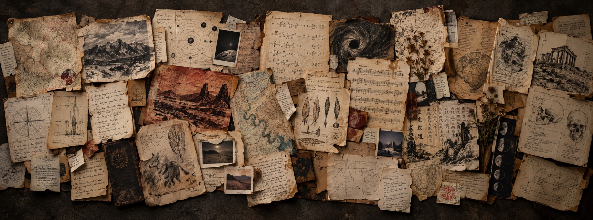 A collage of aged papers: maps, sketches, sheet music, handwritten notes, pressed flowers, and photographs