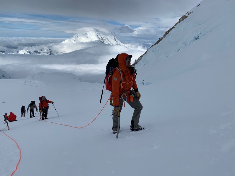 Climbing steep snow high on Denali's West Buttress
