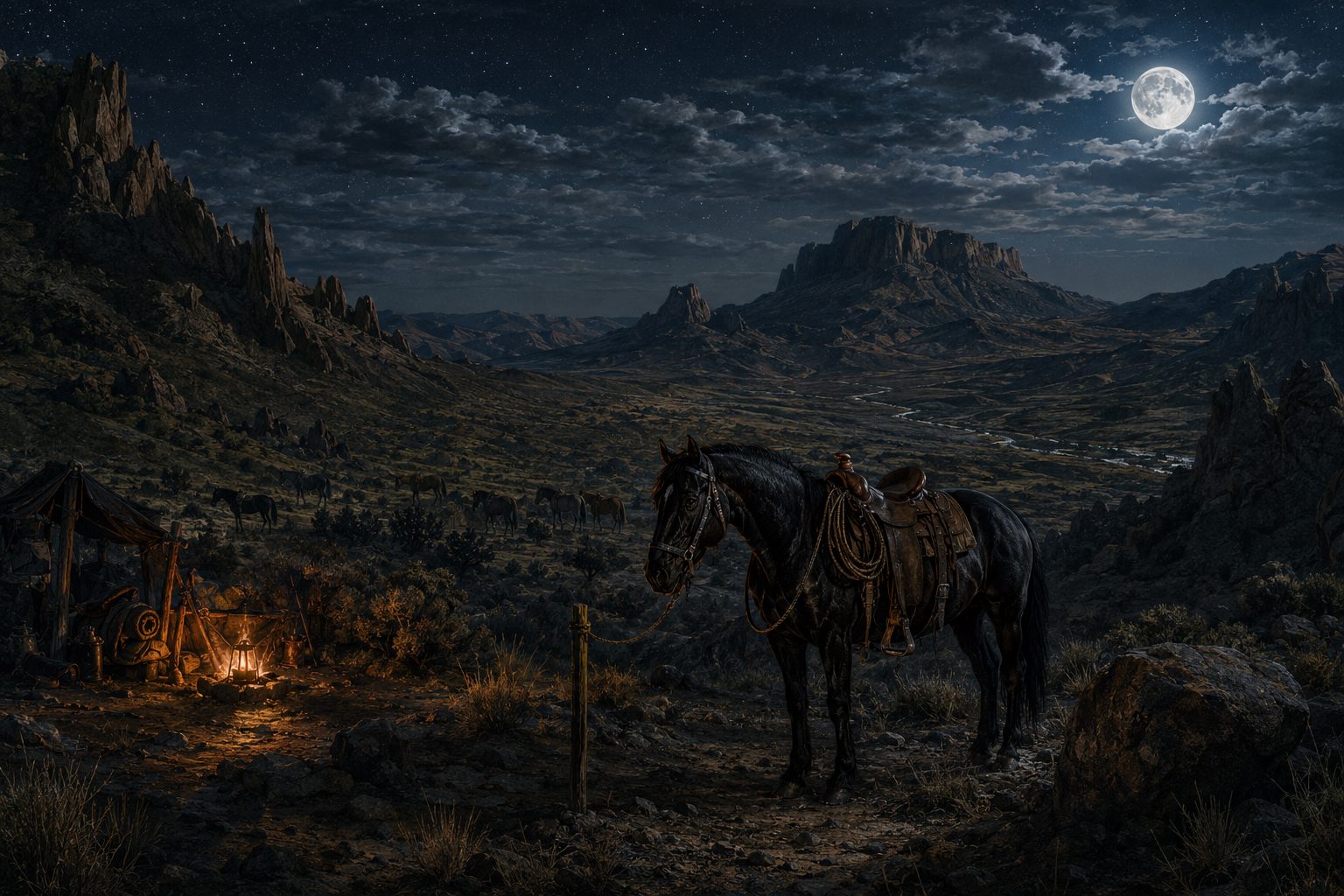 A saddled night horse picketed beside a lantern-lit trail camp under a full moon, the herd grazing loose in the valley beyond